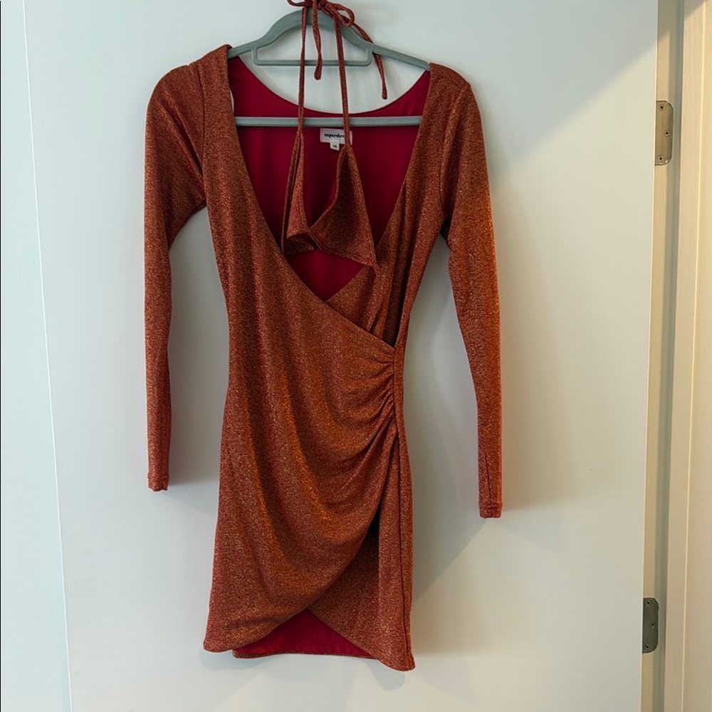 Superdown Orange Shimmer Wrap Dress with Bra Top